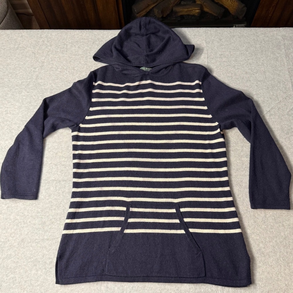 Lauren Ralph Lauren Silk Cashmere Striped Hoodie Sweater Navy Blue White Medium